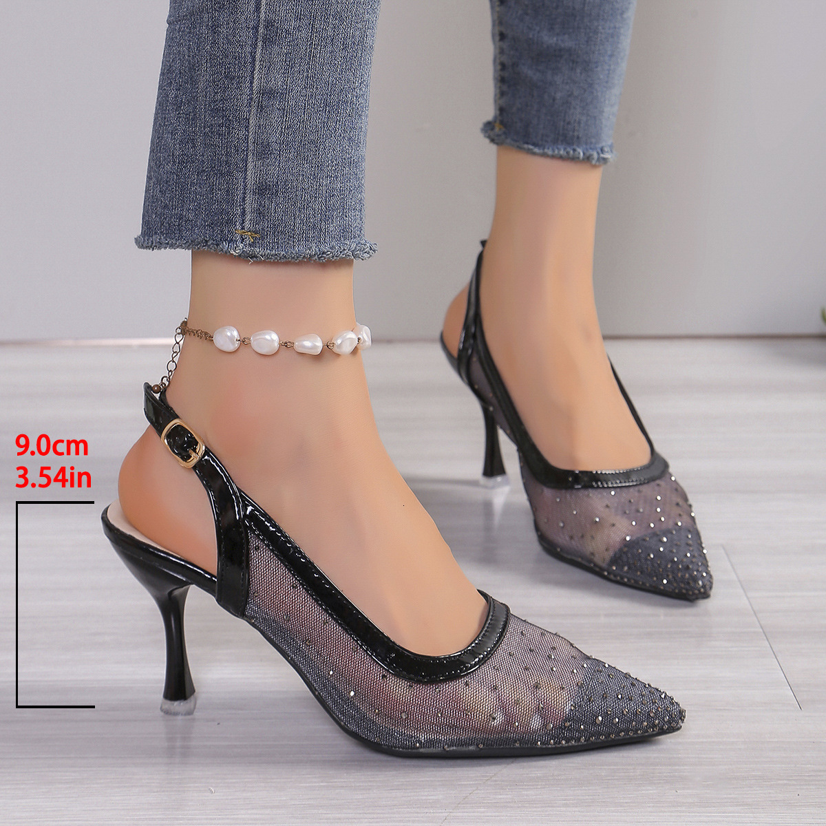Designer sandals Pointed Toe Sandals 2025 Summer New Rhinestone Mesh Backless Thin Heel High Heels for Women