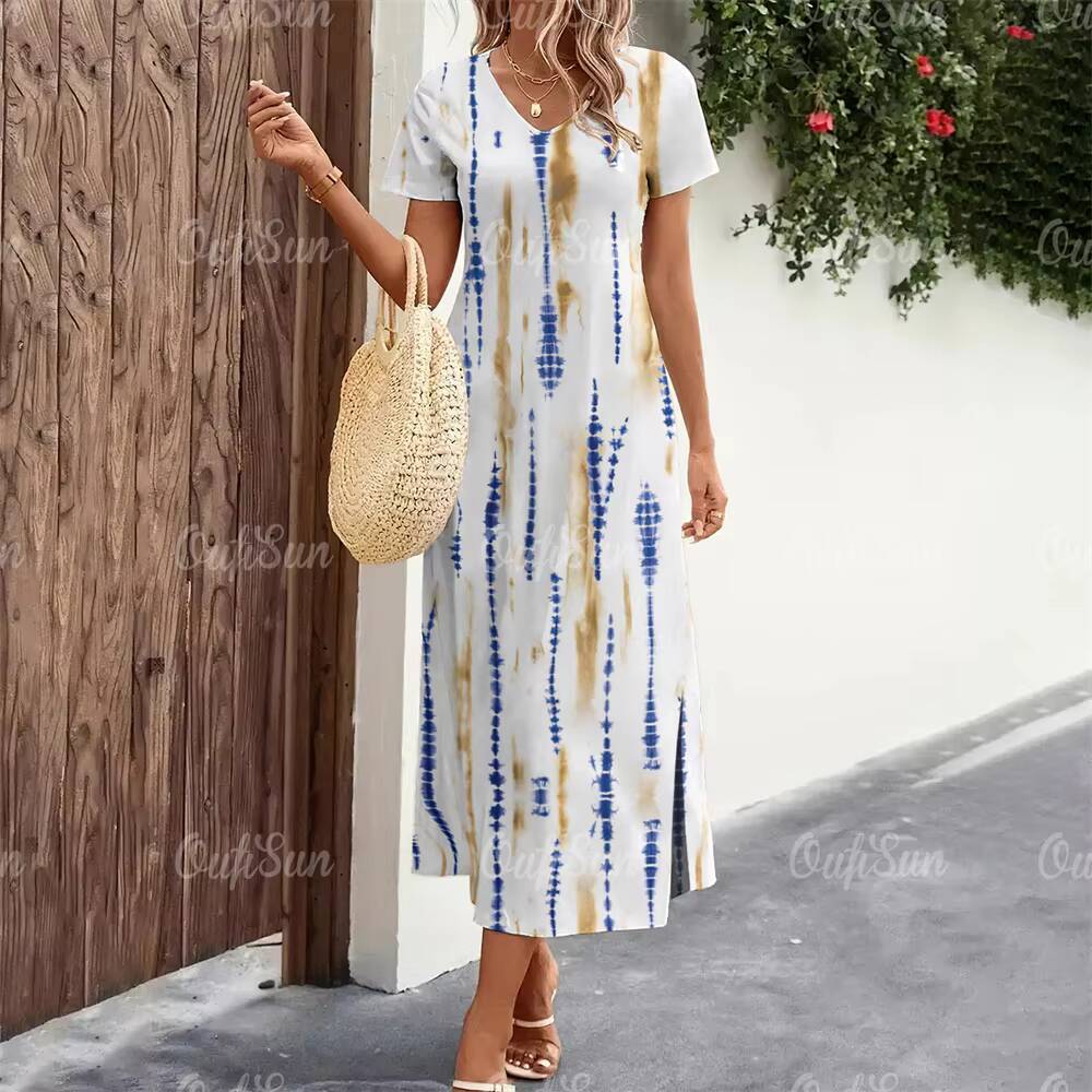 2024 New Womens Striped Print Summer Elegant Midi Dresses Vacation Feamle Short Sleeve Dress Fashion Oversized Clothes dongdumaoyi