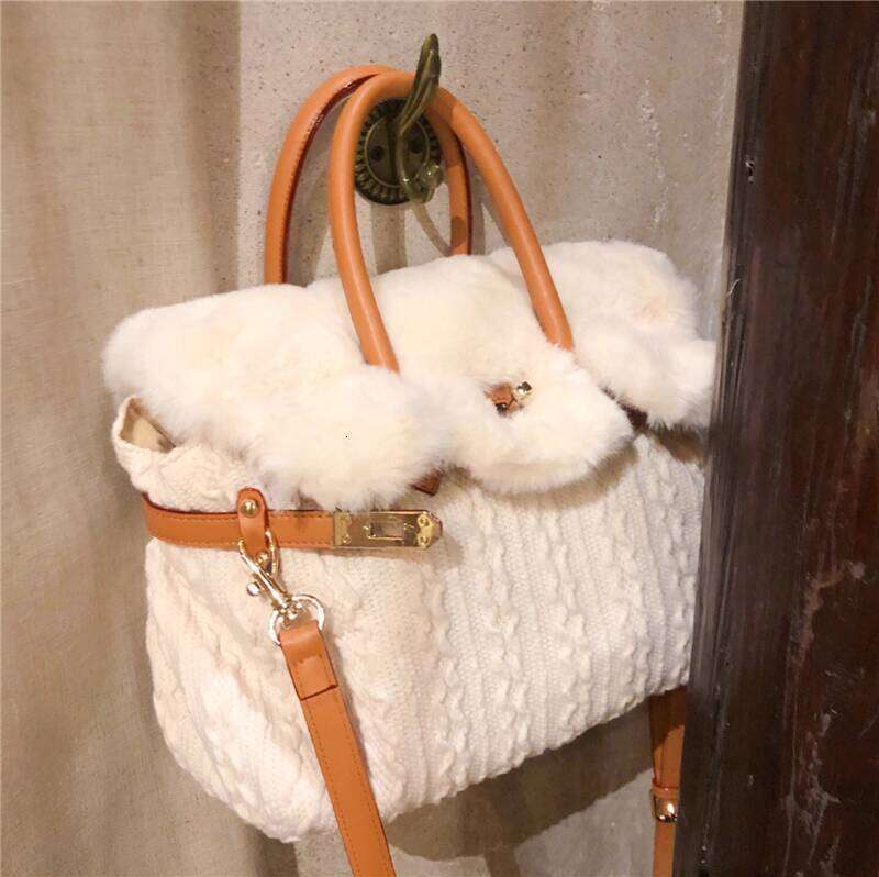 Autumn/Winter Fluffy Womens Wool Knit Handbag with Adorable Rabbit Fur Detail
