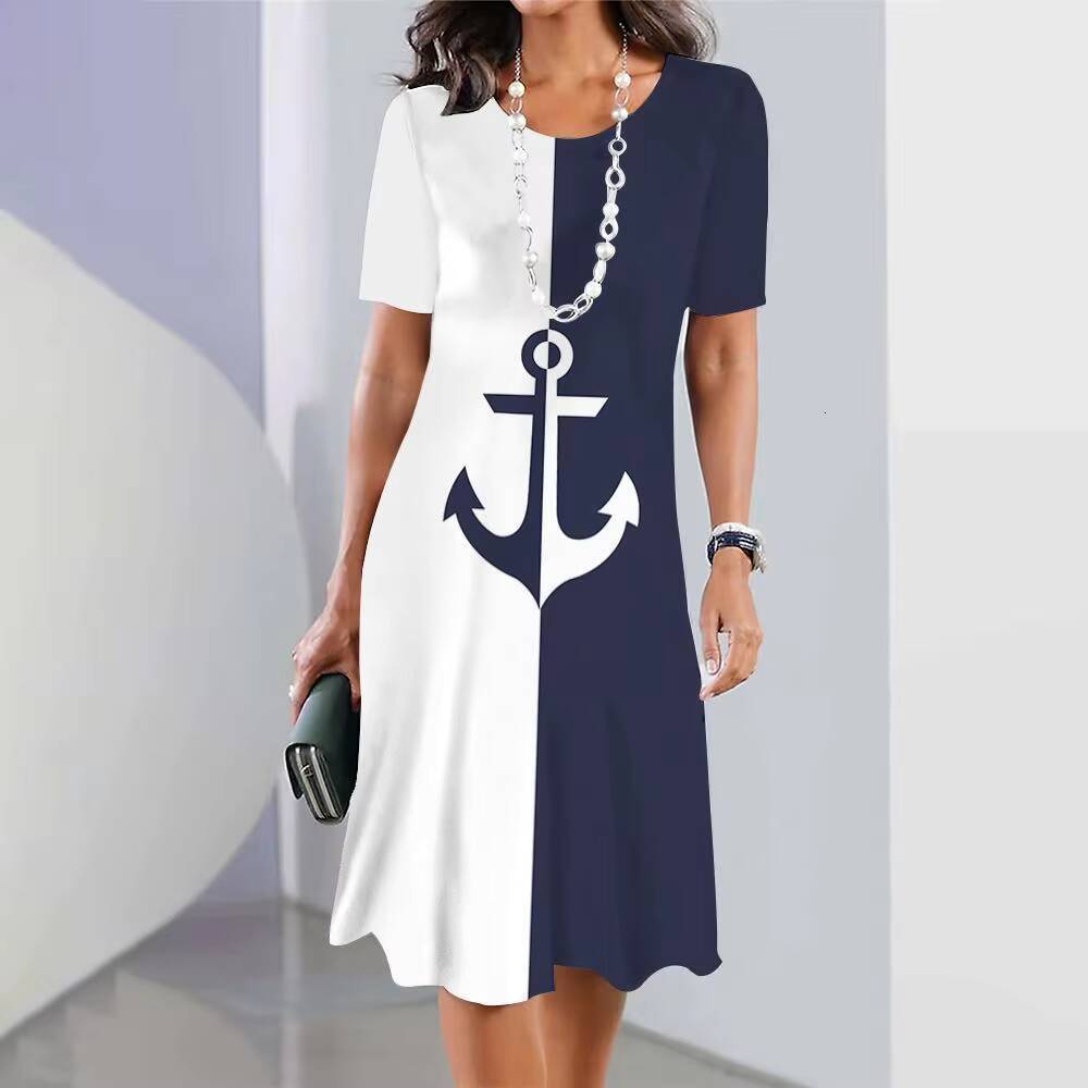 2024 New Womens Anchor Print Vacation Midi Female Elegant Dresses Summer Short Sleeve Dress Fashion Oversized dongdumaoyi