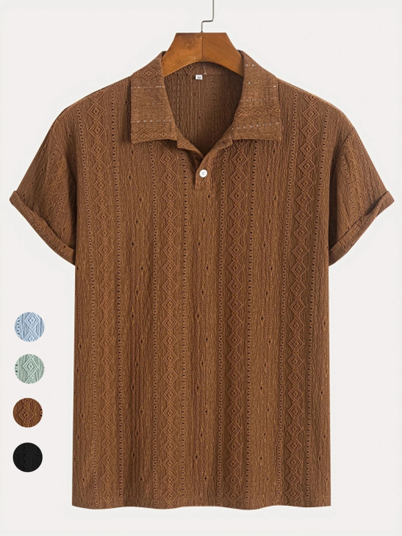 Polo Shirts For Men Streetwear Solid Color Jacquard Textured Half Buttoned Short Sleeves T-shirt Mens Basic Tops 250715