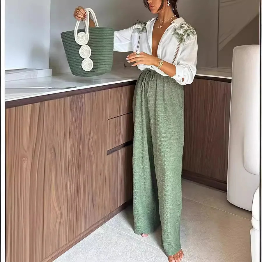 Women 2pcs Clothes Set Long Sleeve Floral Flower Single Breasted Shirt Top High Waist Wide Leg Pants 250715