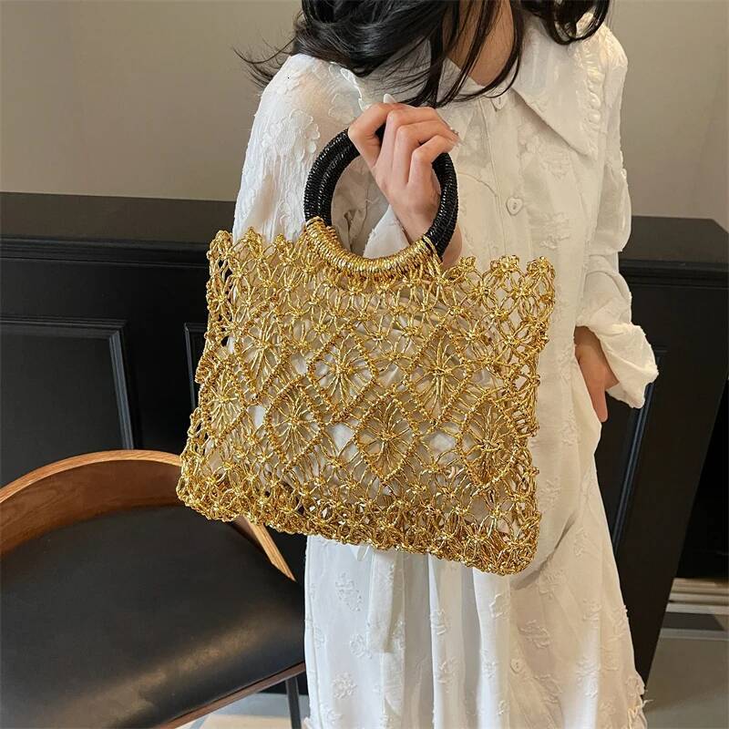 MOODS Handmade Woven Design Round Handle Handbags For Women Eco-Friendly Craft Paper Hollow-Out Designer Top-Handle Bags
