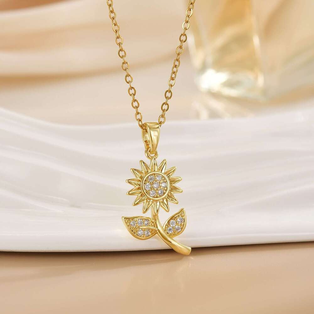 Micro Pave Zircon Flower Design Pendant Necklace For Women, Copper Plated Real Gold, Fashionable And Versatile With A High-End Feel B5f