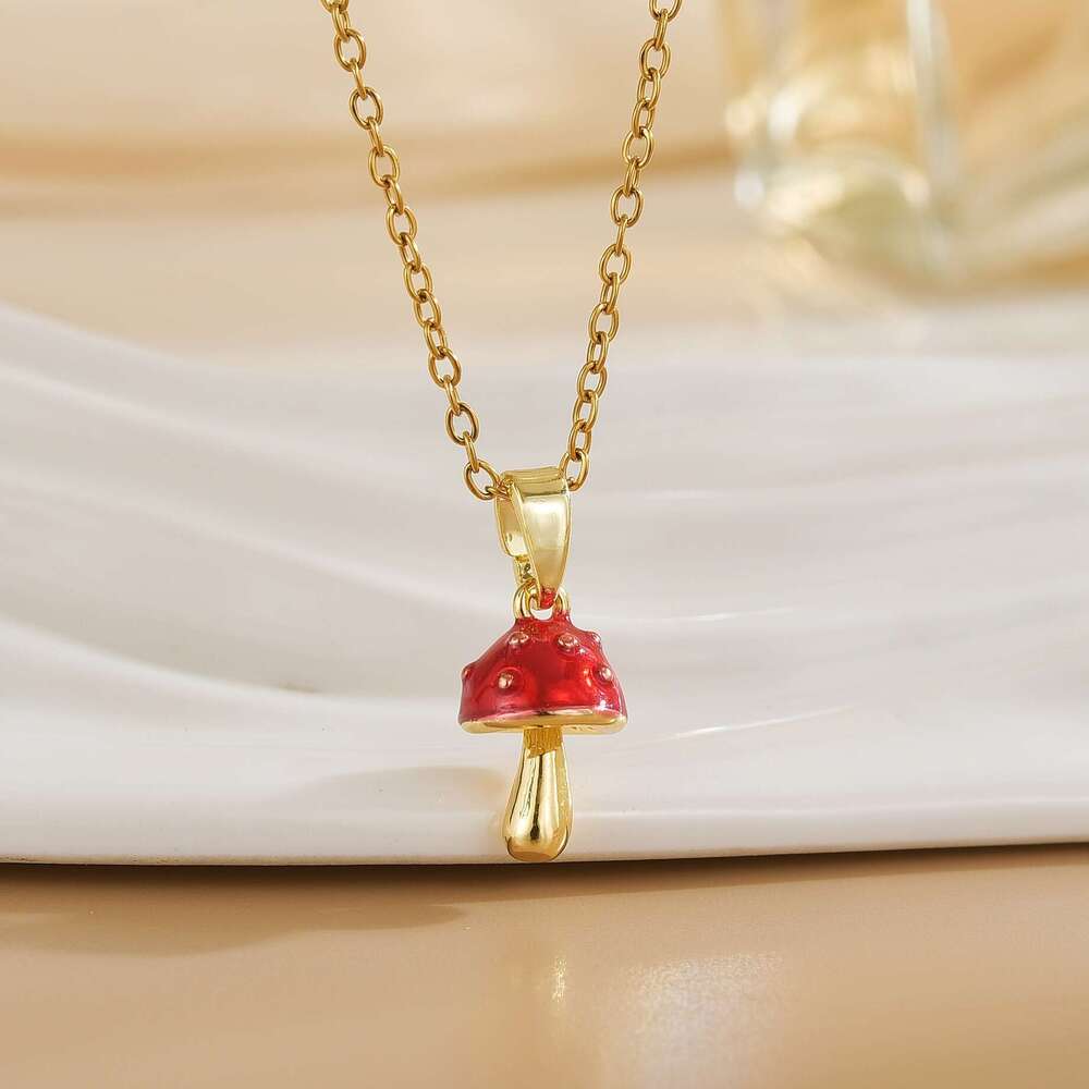 Light Red Oil Drop Mushroom Necklace For Women, Unique Design, Elegant And Versatile Collarbone Chain 808