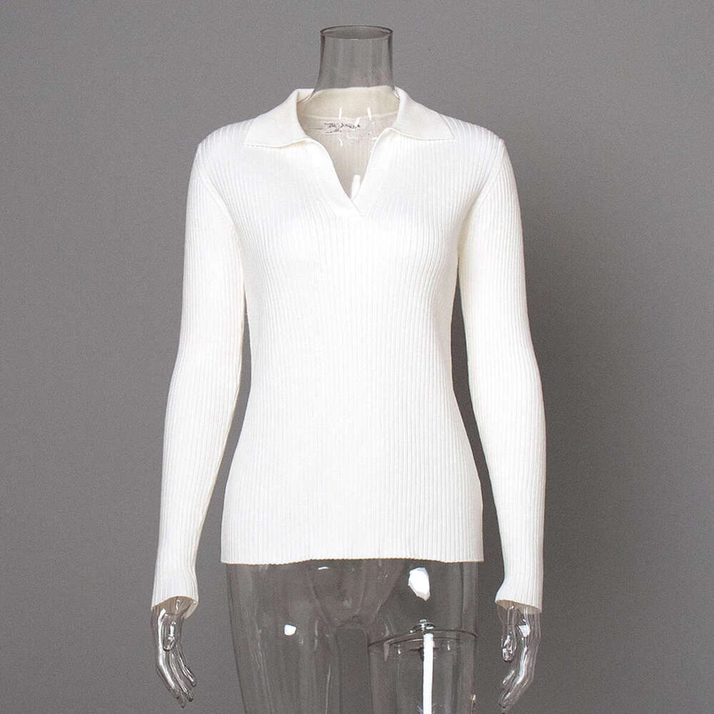 POLO Collar Knitted Autumn Winter Elegant Commuter Slim Fit Ribbed Base Pullover Sweater For Women B5