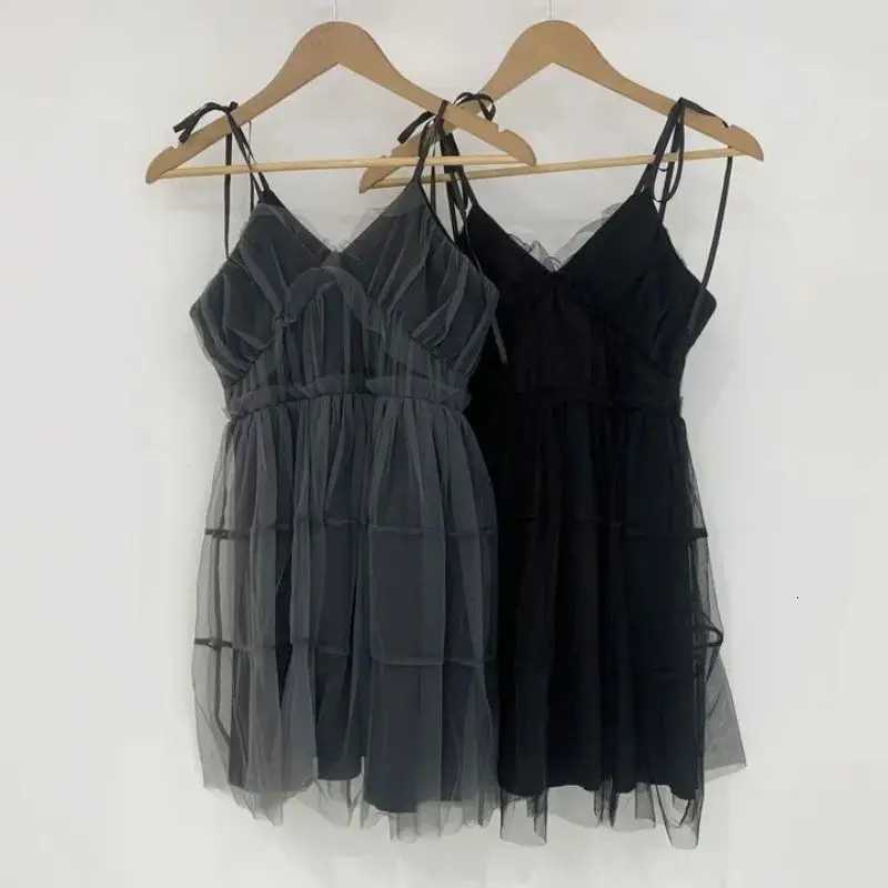 REALEFT Summer Y2k Black Mesh Womens Ball Gown Dresses 2025 New Sleeveless Strapless V-neck Party Sexy Mini Dress for Women R250716
