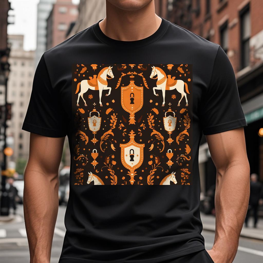 T-shirt with a pattern of horses and flowers on it Short sleeve T Shirts Wed 29 i