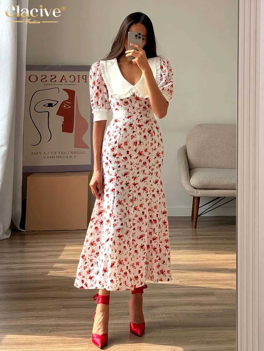 Clacive Fashion Slim Print Womens Dress Summer Lapel Short Sleeve Ankle Length Dresses Elegant High Waist Slit Female Dress R250716