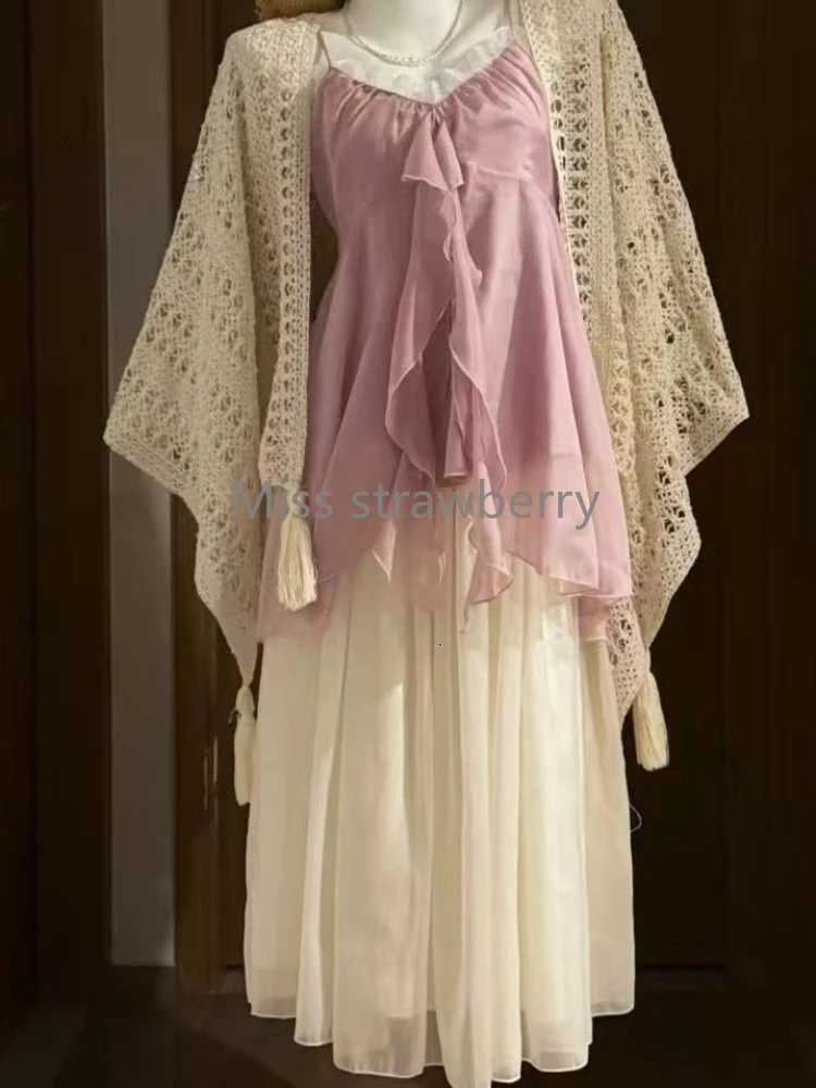 2025 Summer Vintage Sweet Sling 2-piece Set Women Design Chic Loose Chiffon Fairy Suit Female Japanese Elegant Thin New Clothing R250716