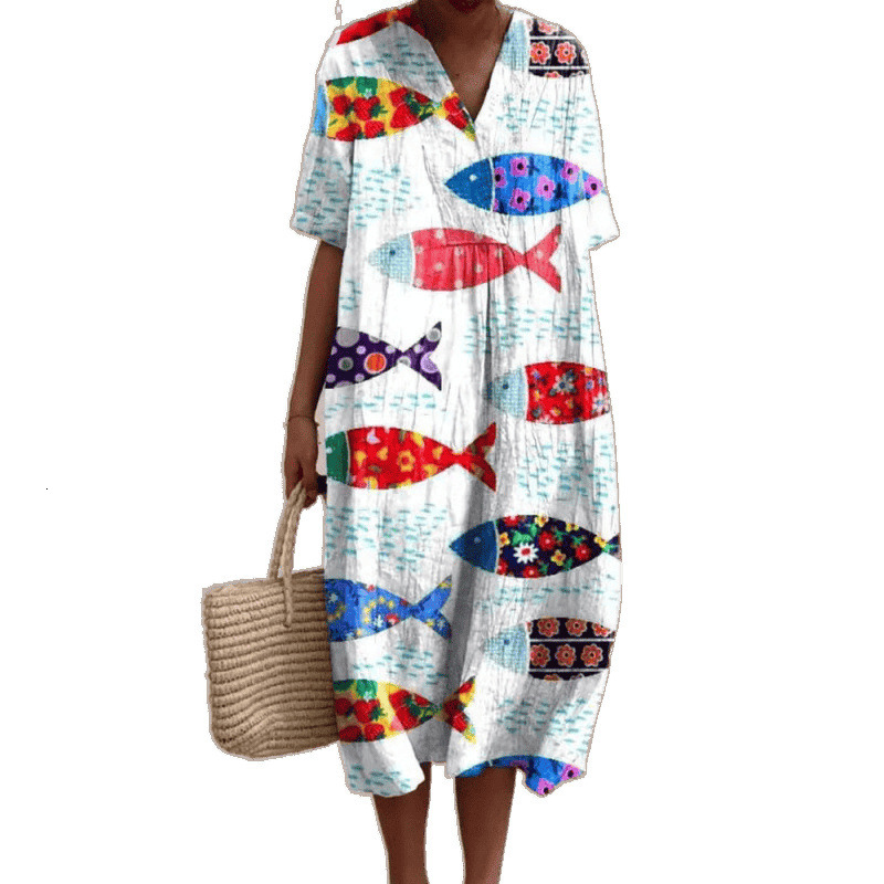 2025 New Plus Size Women's Shirt Pocket Short Sleeve Dress Creative Fish Pattern Vacation Style