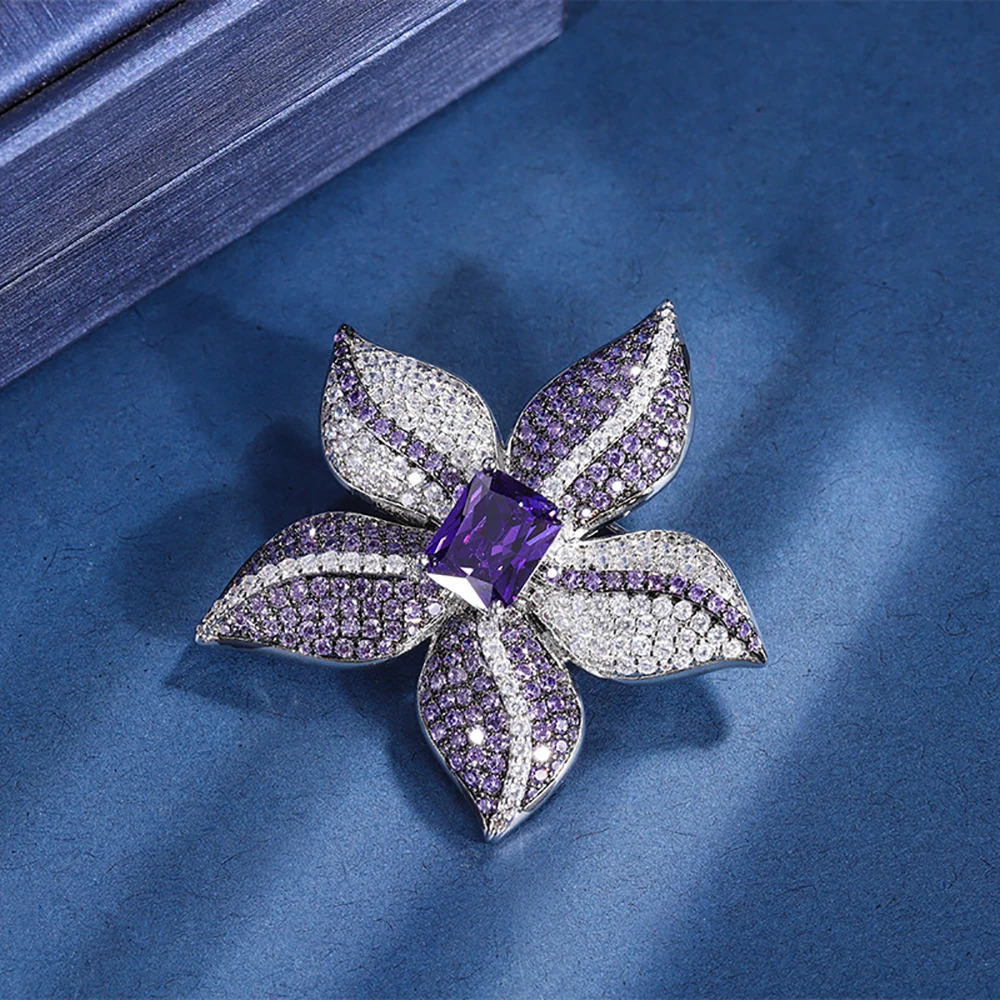 Trend 8*10mm Amethyst Brooches for Women Vintage Gemstone High Carbon Diamond Wedding Jewelry Accessories Female Gift 250712