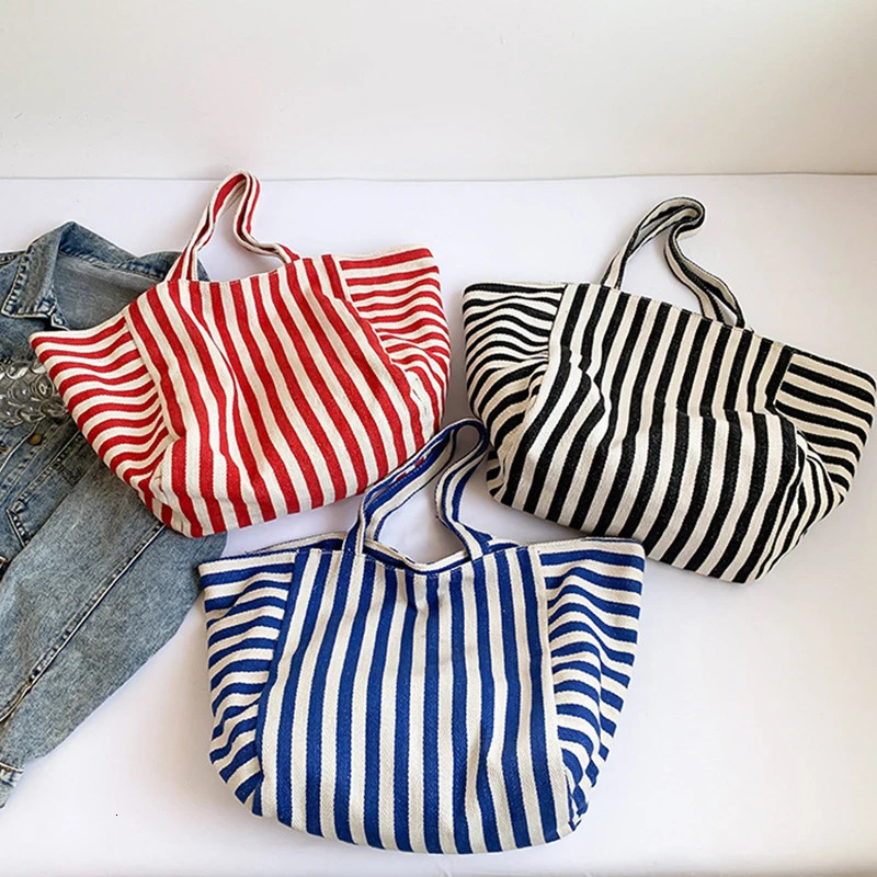 Simple Striped Shoulder Bag Large Capacity Canvas Women Shopper Tote Female Casual Multifunctional Travel Top-handle Handba 250714