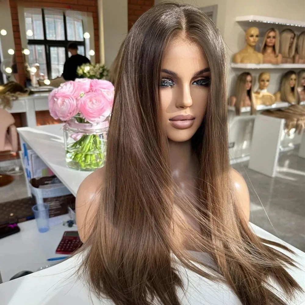 Highlight Chocolate Brown 13x4 Lace Front Wigs Light Brown Wig Bone Straight HD Preplucked Human Hair Wig Synthetic Lace Frontal Wig