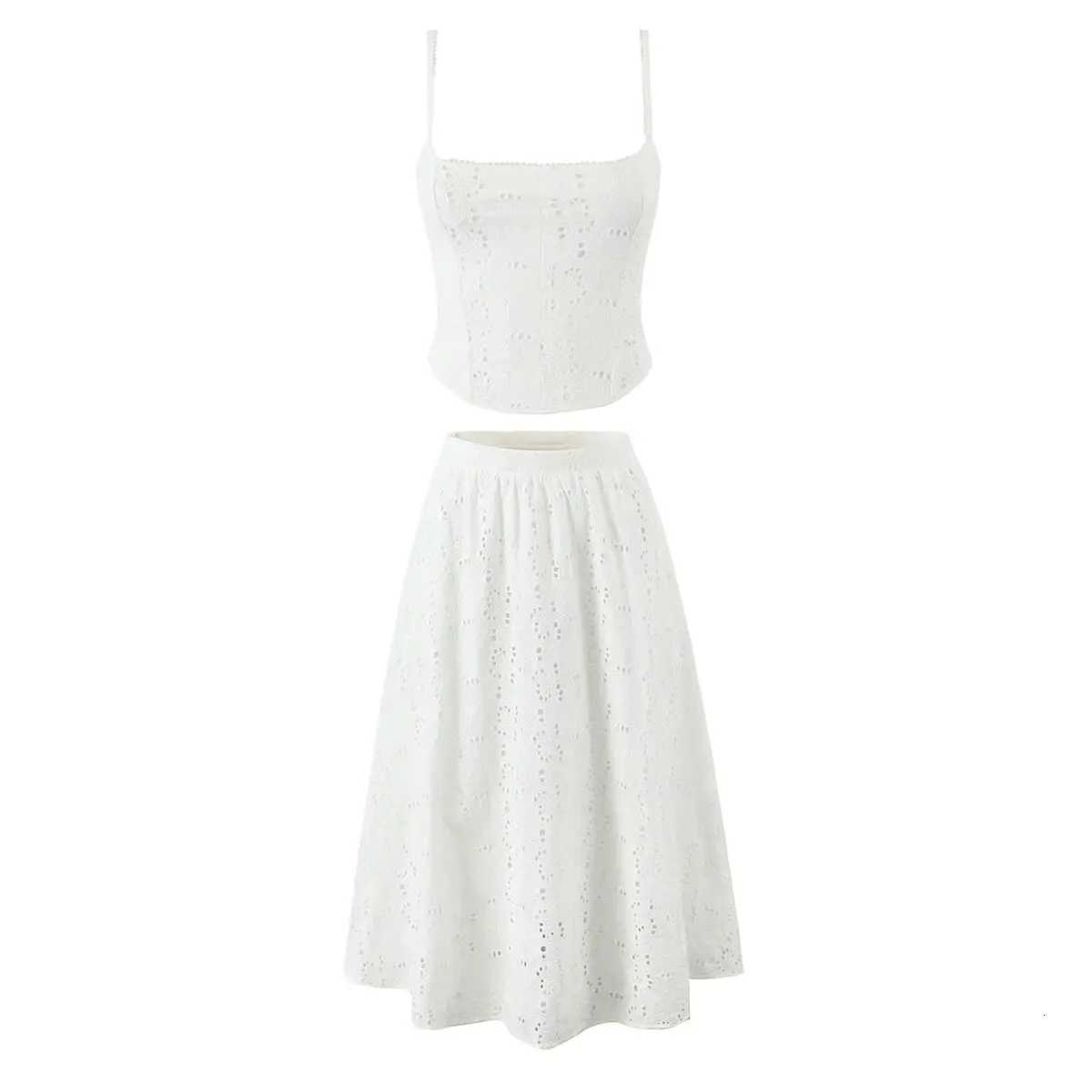 Suninheart Embroidered Camisole Top Womens 2025 Summer New Style Vacation Style White Large Skirt Long Skirt Two-piece Set R250716