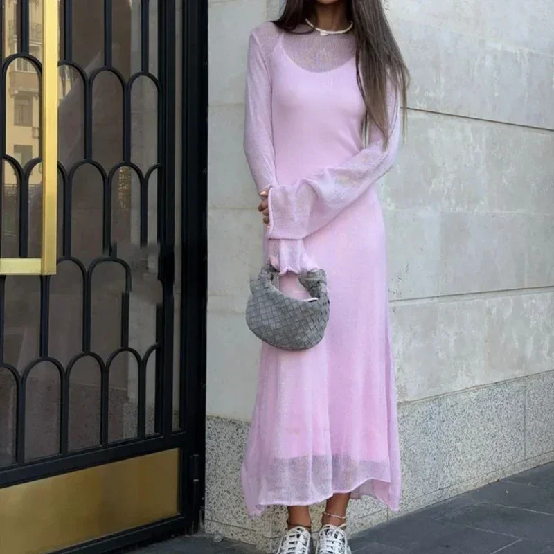 Spring Autumn O-Neck Elastic Knit Long Dresses Women Elegant Chic Soft Lady Hollowing Sweater Dresses Femme 250715