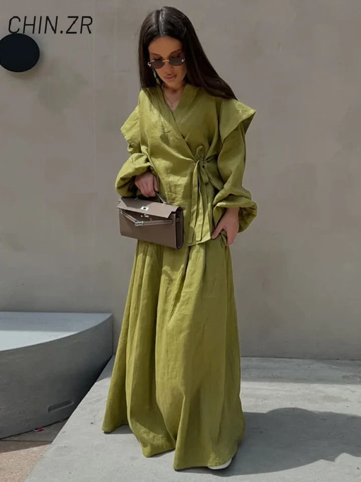 Casual Lace Up Shirt Skirt Set Women Loose V-neck Lantern Sleeve Blouses Long A-line Skirts 2025 Summer Lady Holiday Outfits 250715
