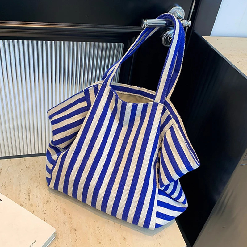 Simple Striped Shoulder Bag Large Capacity Canvas Women Shopper Tote Female Casual Multifunctional Travel Top-handle Handba 250714