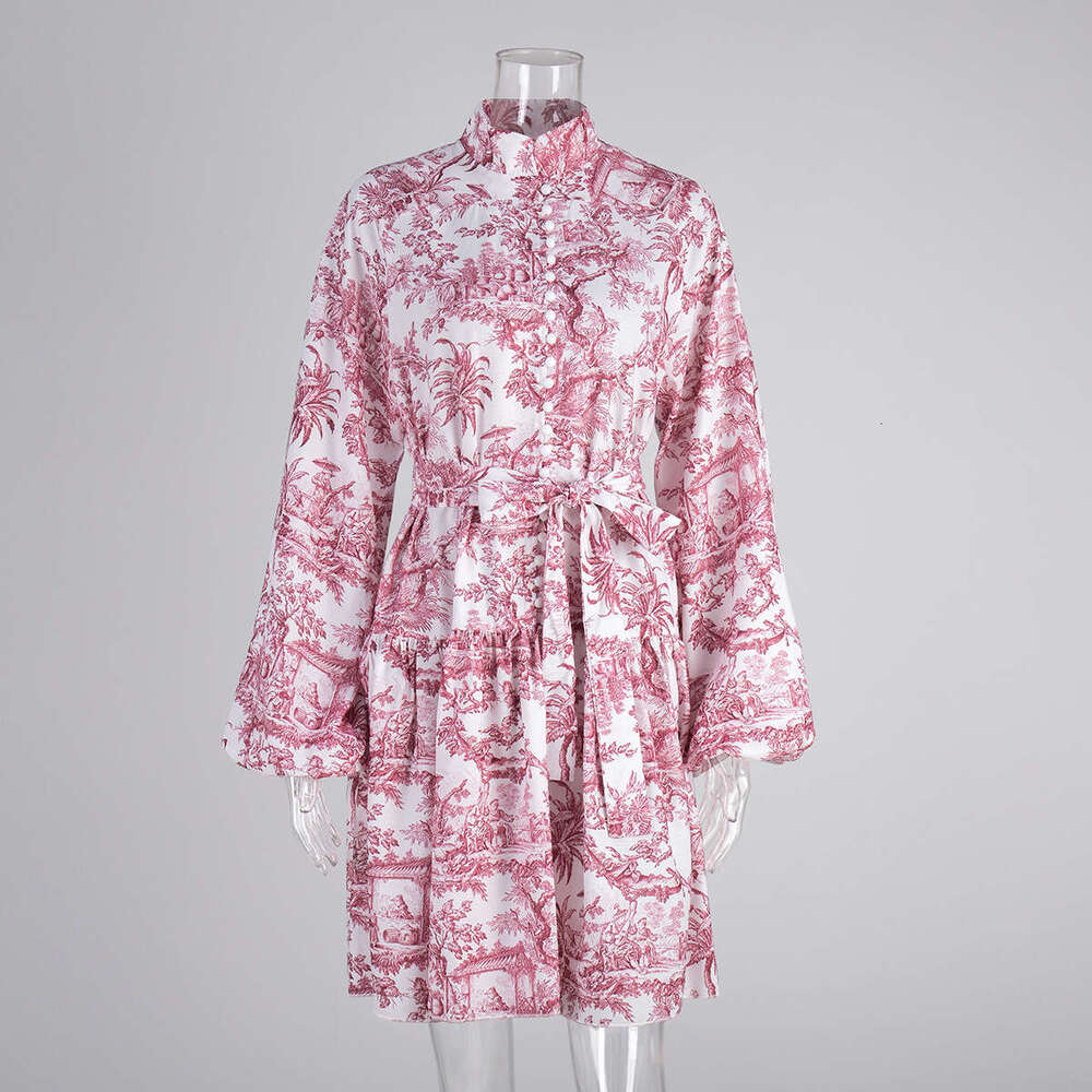 Ink Wash Print Long Short Skirt Spring New Stand Collar Lantern Sleeve Tie Dress B5