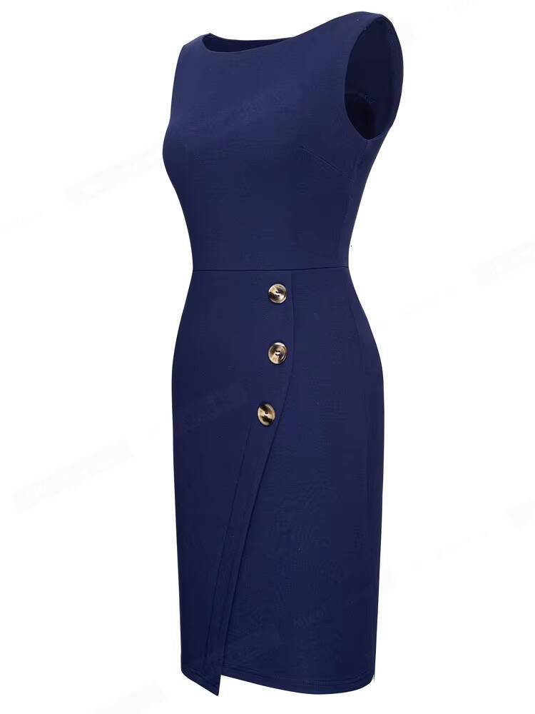 Nice-forever Summer Women Elegant Round Neck Plain Work Dresses Business Office Vintage Pencil Dress B705 dongdumaoyi