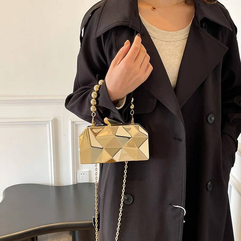 Golden Acrylic Evening Clutch For Elegant Women Geometric Dinner Party Shoulder Bag 2024 Designer Purses And Handbags