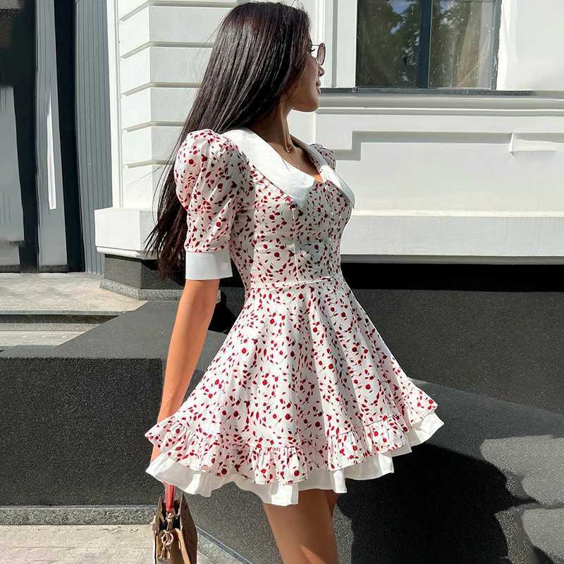 Talenza V Neck Print Dress Womens Lapel Puff Sleeve Single Breasted High Waist Dress Female Summer Fashion Contrast Slim Dress R250716