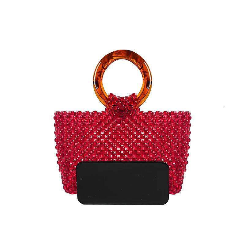 New Personalized Red Handmade Bead Woven Acrylic Fashionable And Versatile Circular Handle Handbag For Women