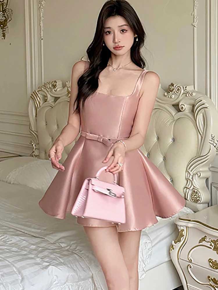 2025 Korean Vintage Luxury Women Pink Satin Chic Bow Bandage Bodycon Mini Dress Summer Elegant Sling Sexy A-Line Dress R250716