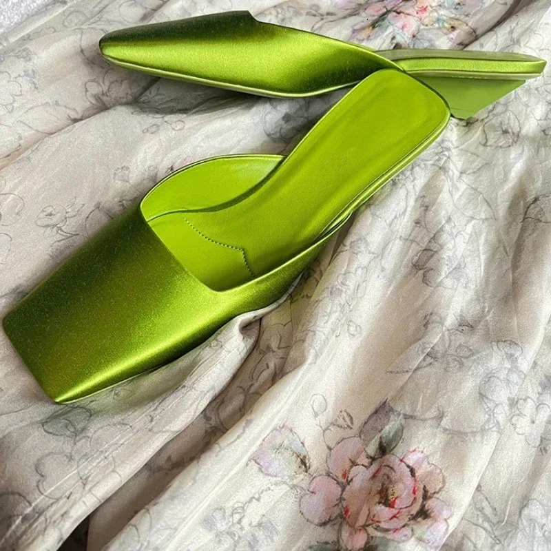 Satin Sandals Women Summer Sexy Square Head Strange Low Heel Slide Sandals Chunky Heel Elegant Mule Slippers Women 250712