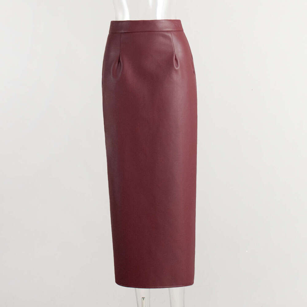 Ankela Red Split Bodycon Autumn New Fashion Leather High-End Slim PU Midi Skirt B5