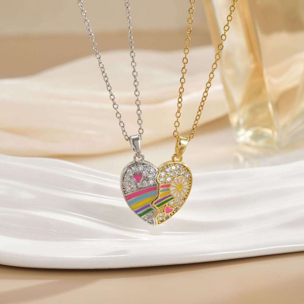 New Friendship Women's Heart Rainbow Necklace Set Personalized Best Friend Titanium Steel Collarbone Chain 648