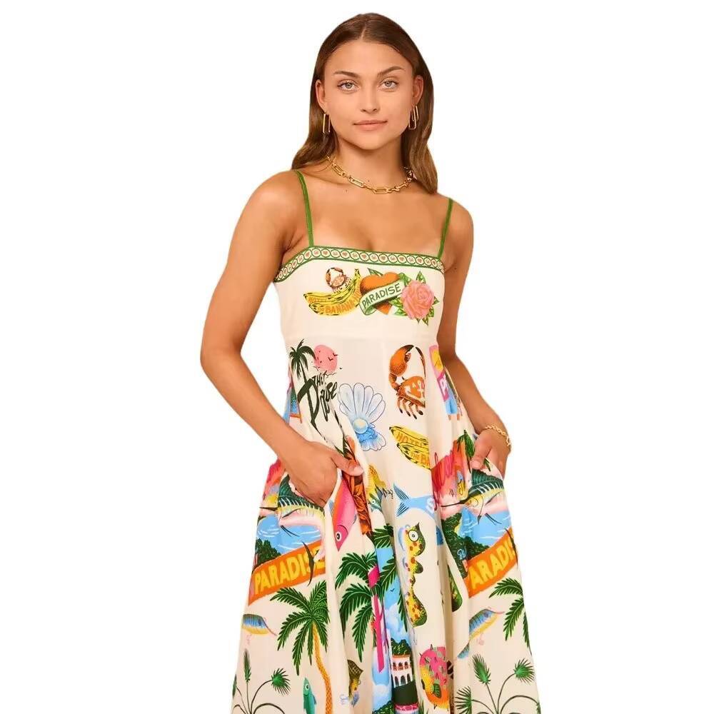 Sexy Off-Shoulder Graffiti Cotton Linen Print Maxi Dress Womens New Hot Sale Of The Season Sleeveless Loose Fit Gown for Women dongdumaoyi