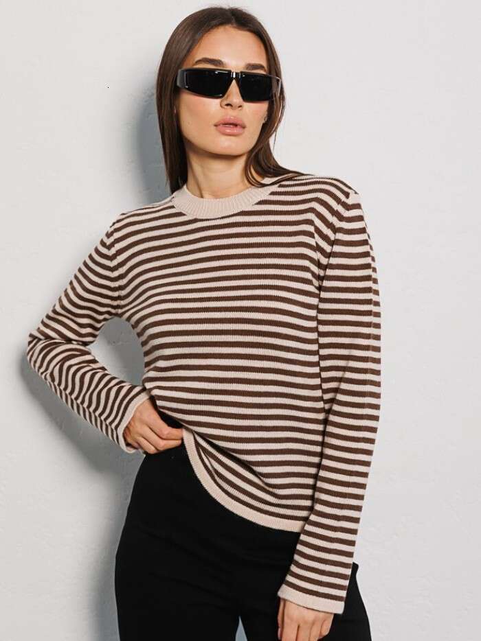 Autumn New Fashion Trend Ribbed Color Block Crew Neck Knitted Striped Sweater B5