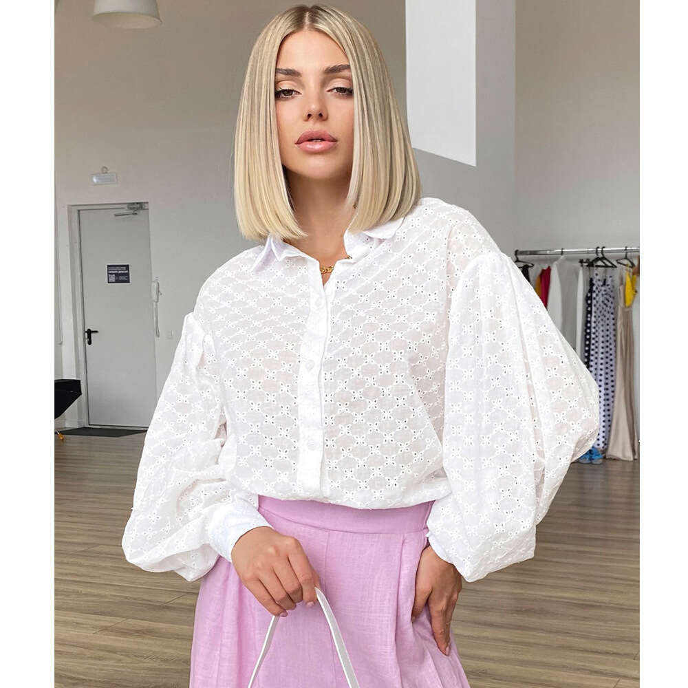 Lantern Sleeve Jacquard Shirt Spring Elegant Versatile Polo Collar Small Hollow Design Blouse B5