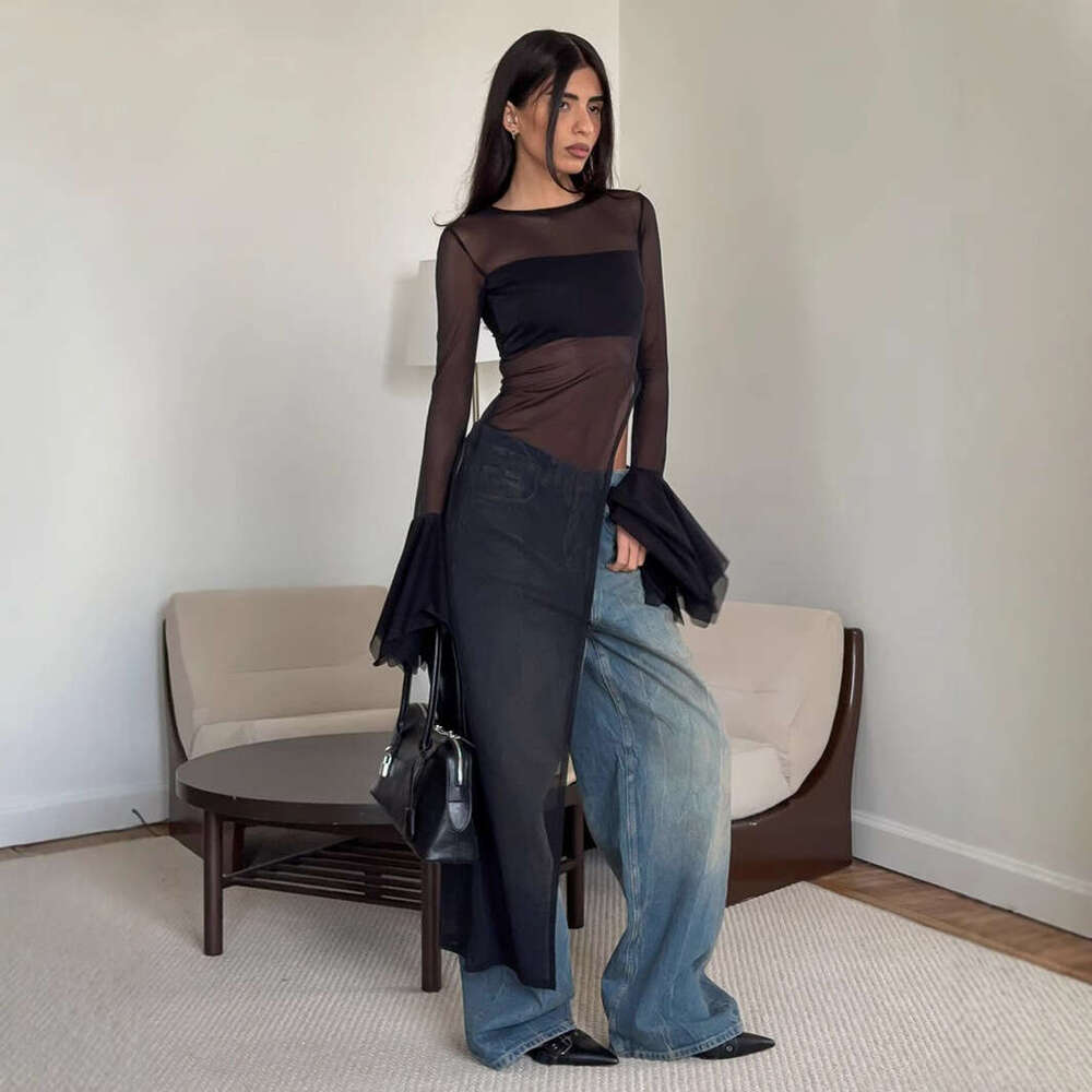 Irregular Summer New Bell Sleeve Long Black Mesh Dress B5