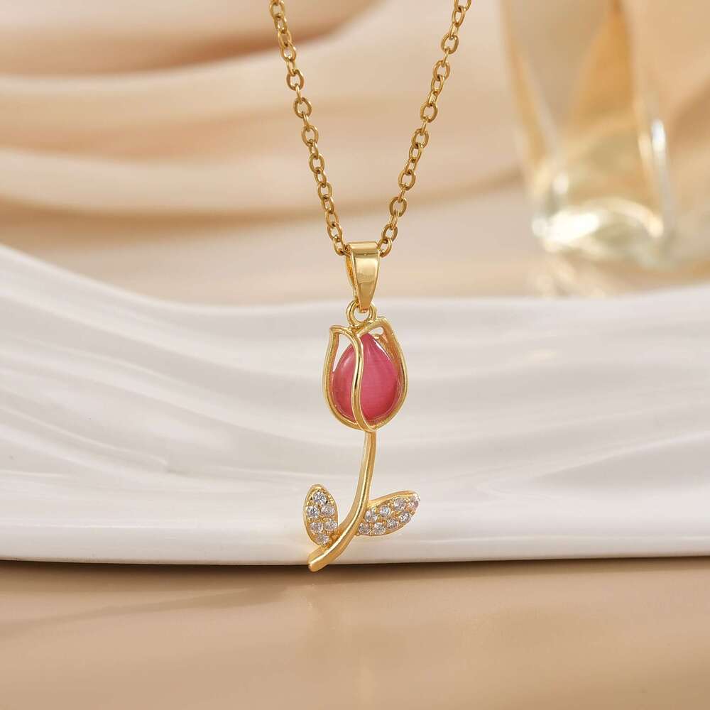 Internet Celebrity Fashion Titanium Steel Necklace For Women, Niche High-End Feel, Non-Fading Collarbone Chain, Light Versatile Tulip Jewelry 6E4