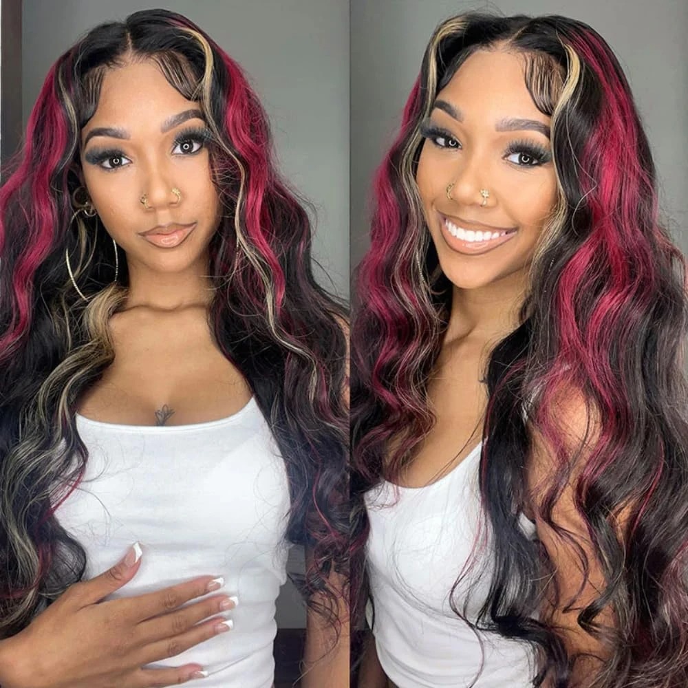 Black Red Blonde Highlights Lace Front Wig 13x4 HD Body Wave Wig Lace Front Wigs Highlight Wigs Pre Plucked with Baby Hair Synthetic Lace Frontal Wig