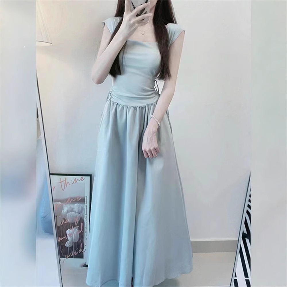 2025 Tea Break French Square Neck Dress for Women Summer New First Love Pure Sweet Long Waist-Cinching Petite