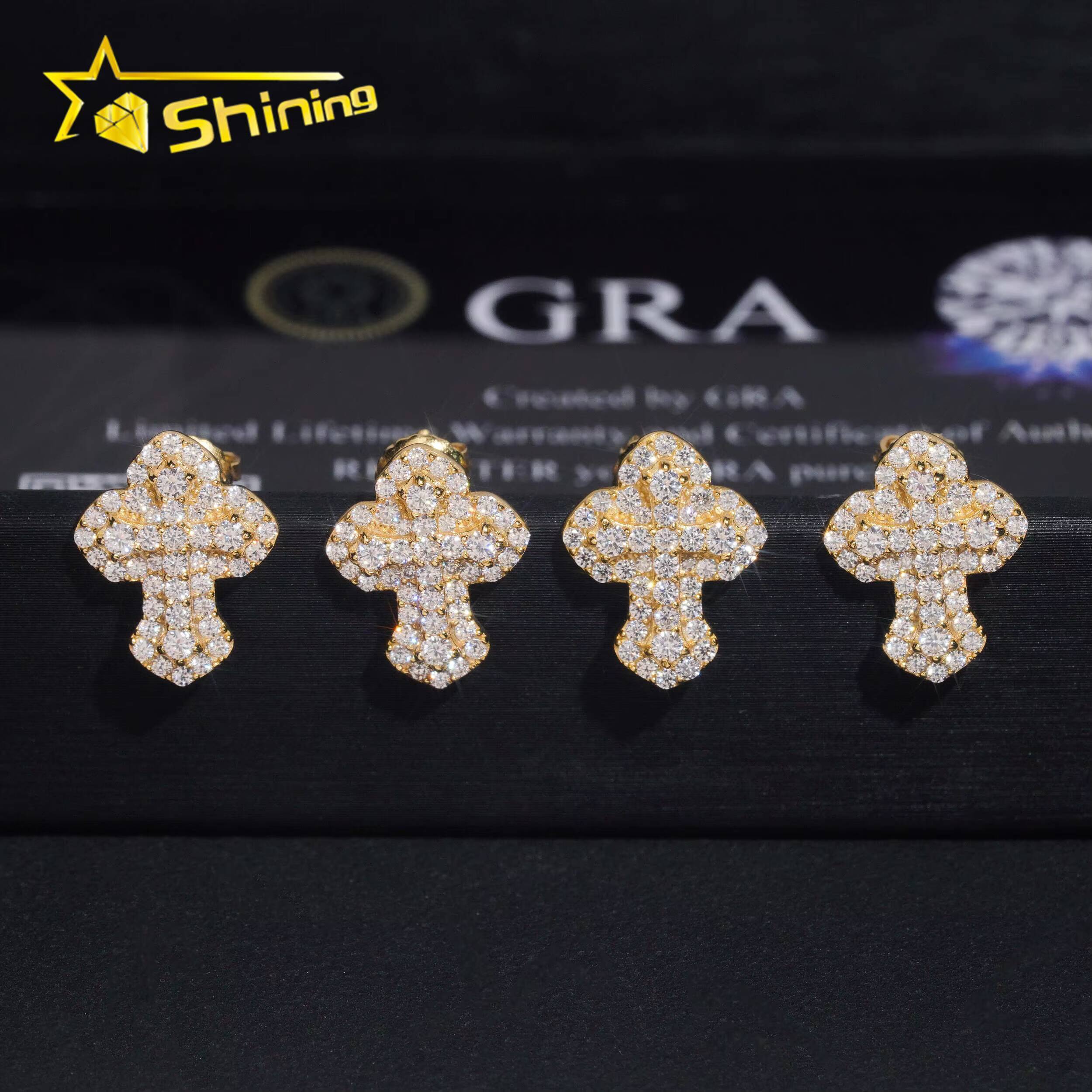 Fast Shipping Hip Hop Jewelry 925 Sterling Silver Gold Plated VVS Diamond Iced Out VVS Moissanite Cross Stud Earrings