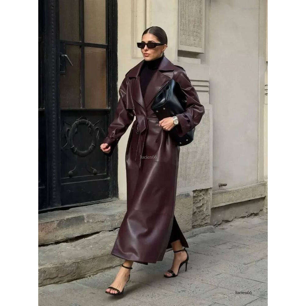 Autumn Winter Burgundy Lace Up Matte Leather Jackets Women Fashion Lapel Button Full Sleeve Long Coats 2024 Street Outerwear 241114