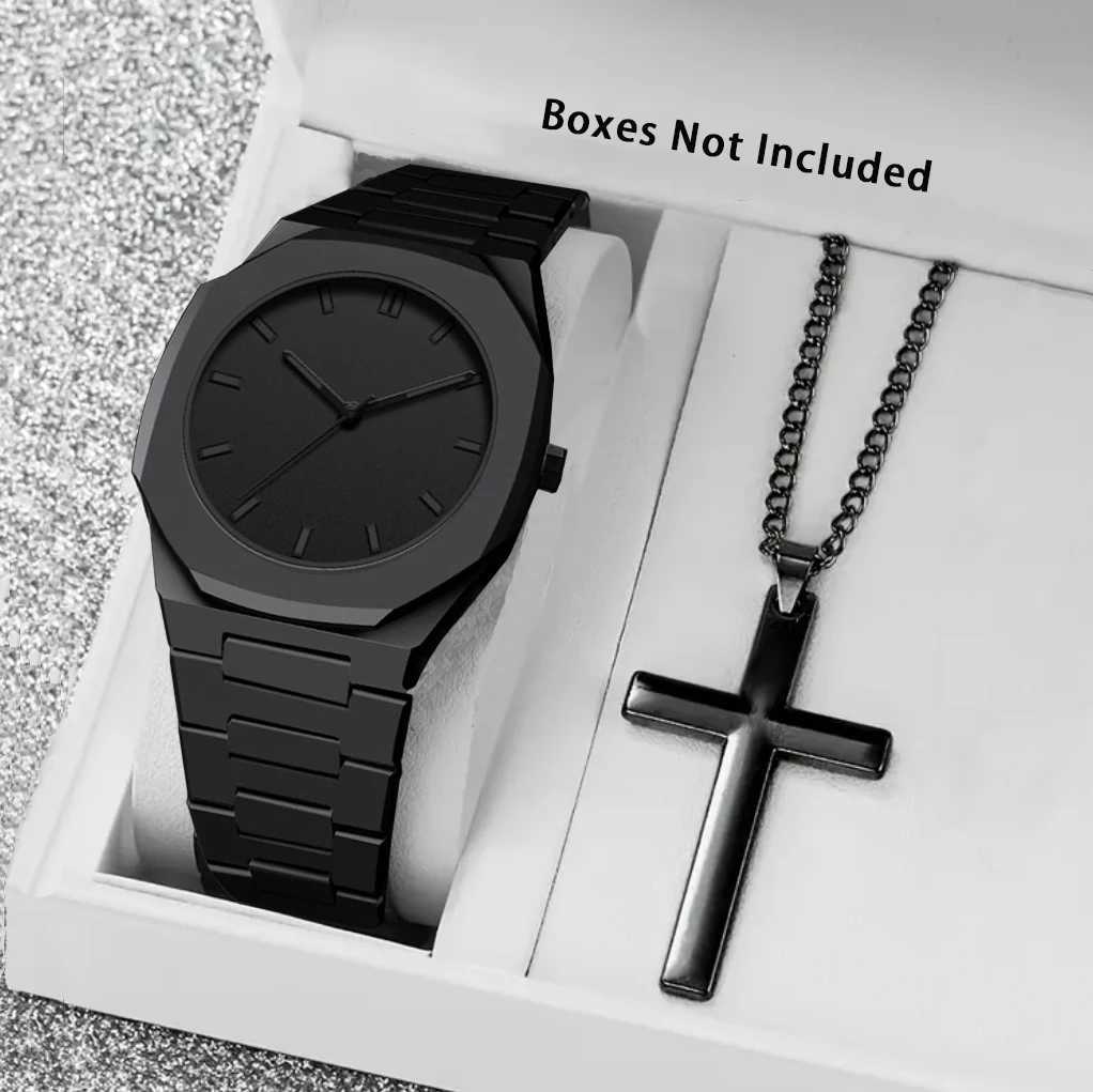 2PCS Mens Sets Fashion Casual Sport Black Resin Quartz Bracelet Y250715