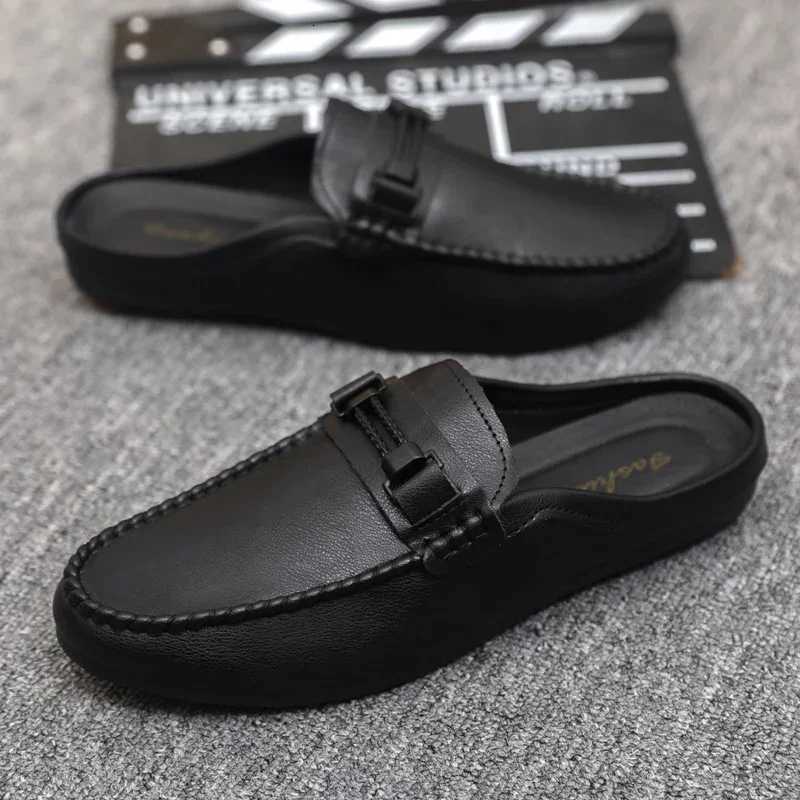 Leather Men Half Slippers Summer Breathable Mens Casual Shoes Slip-on Lazy Driving Shoes Comfortable Walking Loafers Moccasins W250716