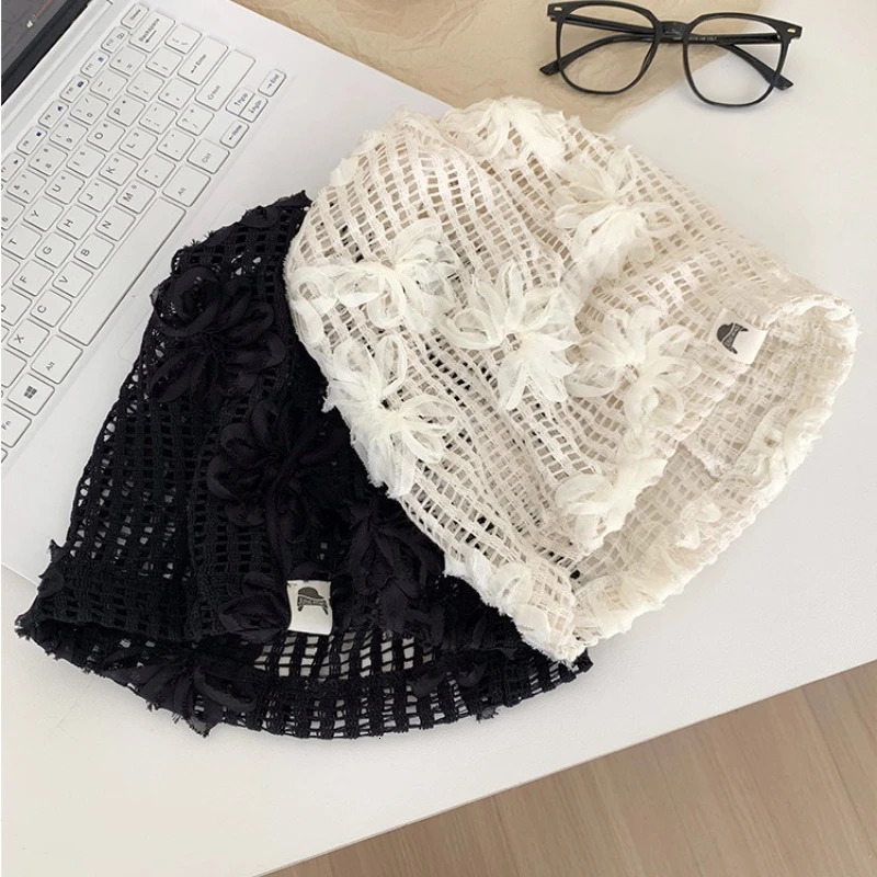 Spring Summer Korean Crochet Pullover Hat Outdoor Travel Fashionable Versatile Sweet Hollow Breathable Beanies Cap 250715