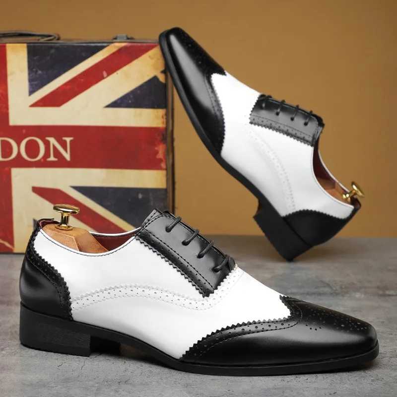 Luxury Designer Male Pointed White Black Mix Patchwork Brogues Oxford Shoes Mens Formal Wedding Dress Homecoming Mens Shoes Y250715
