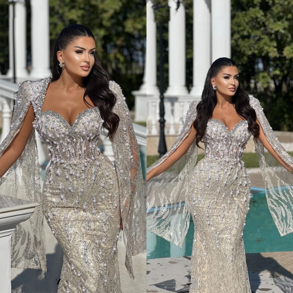Gorgeous Mermaid Wedding Dress Sweetheart Neck Long Sleeves Bridal Gowns Pearls Sequins Crystal Sweep Train Dresses Custom Made vestidos de novia