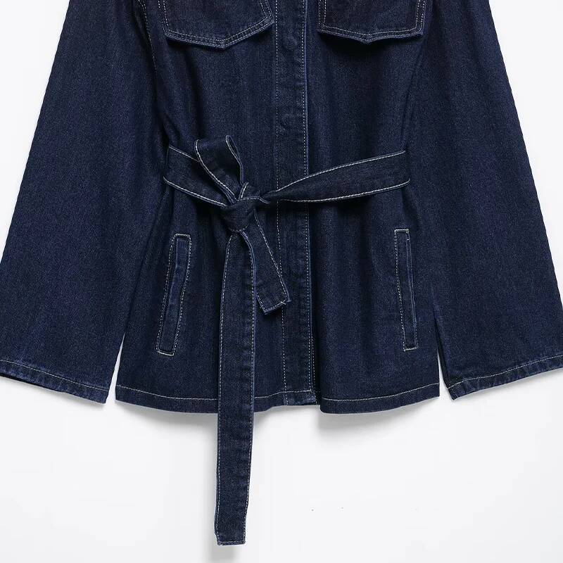 Willshela Women Fashion With Belt Denim Blue Single Breasted Jackets Vintage Lapel Neck Long Sleeves Female Chic Lady Outfits