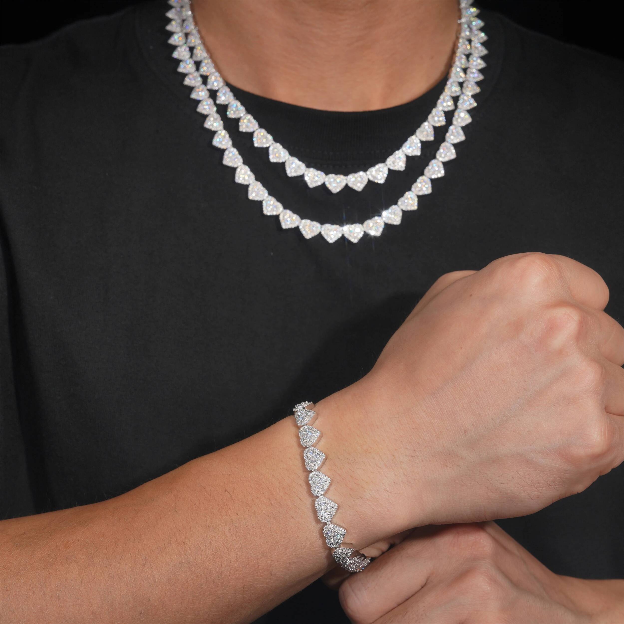 Hip Hop Rock 100% 925 Sterling Silver Heart Cut Double Row Moissanite 8mm Cuban Chain Necklaces Bracelet Fine Jewelry
