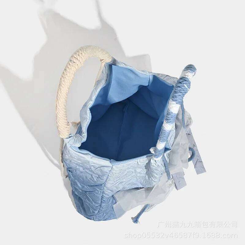 Vintage Pastoral Satin Tie-Dye Rose Early Summer Blue Pleated Fairy Tassel Lace Shoulder Bag