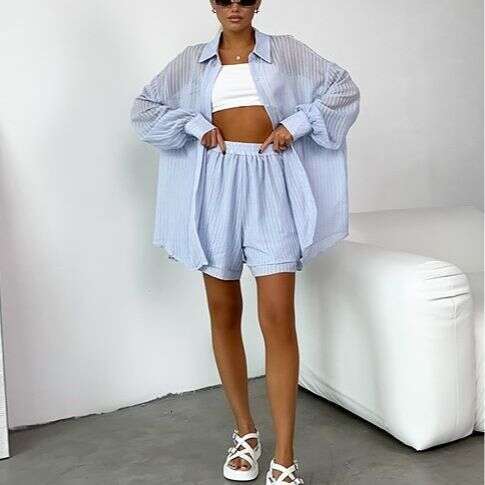 Women's Clothing Summer Elegant Casual Textured Long Sleeve Vertical Stripe Shirt + Shorts Set B5