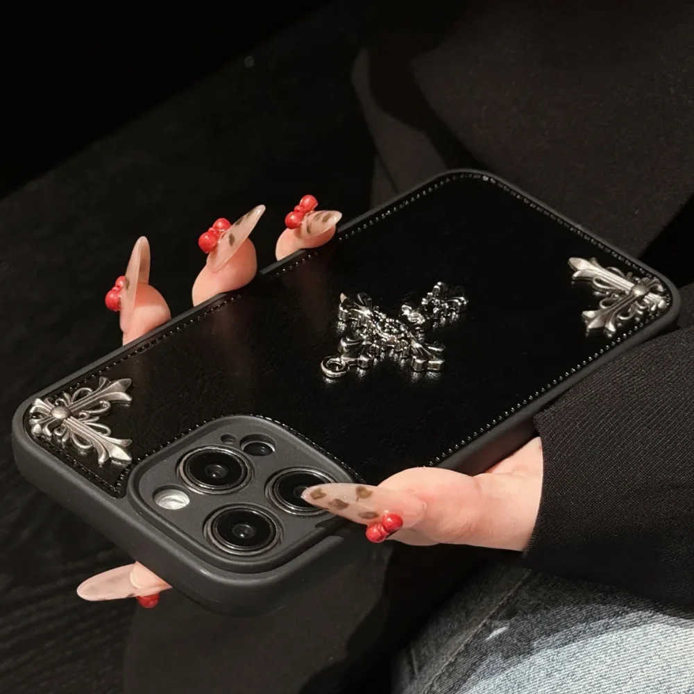 For iPhone 16 15 14 13 12 11 Pro Max Luxury Gothic High Grade Leather Phone Case Fashion Trends 3D Metal Cross Protection Cover M250716